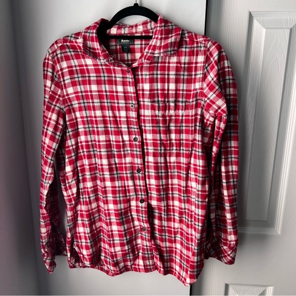 Roots Red And White Women’s Plaid Long Sleeve Flannel Button Down Shirt - Small